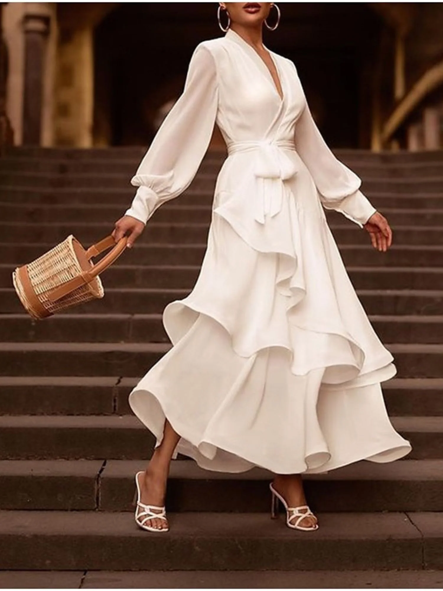 A-Line/Princess V-Neck Long Sleeves Asymmetrical Wedding Dress With Ruffles - Image 2