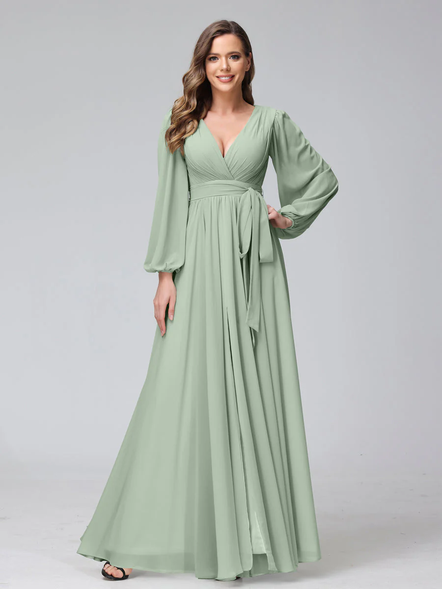 A-Line/Princess V-Neck Long Sleeves Chiffon Long Bridesmaid Dresses With Ruffles Split Side - Image 10