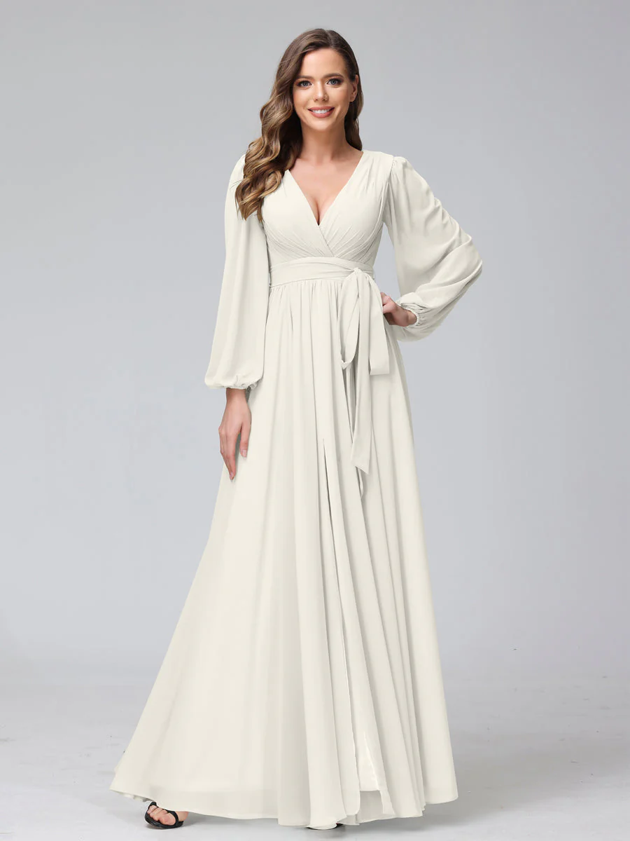 A-Line/Princess V-Neck Long Sleeves Chiffon Long Bridesmaid Dresses With Ruffles Split Side - Image 21