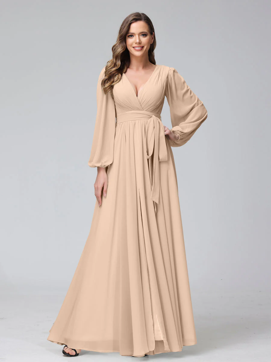 A-Line/Princess V-Neck Long Sleeves Chiffon Long Bridesmaid Dresses With Ruffles Split Side - Image 29
