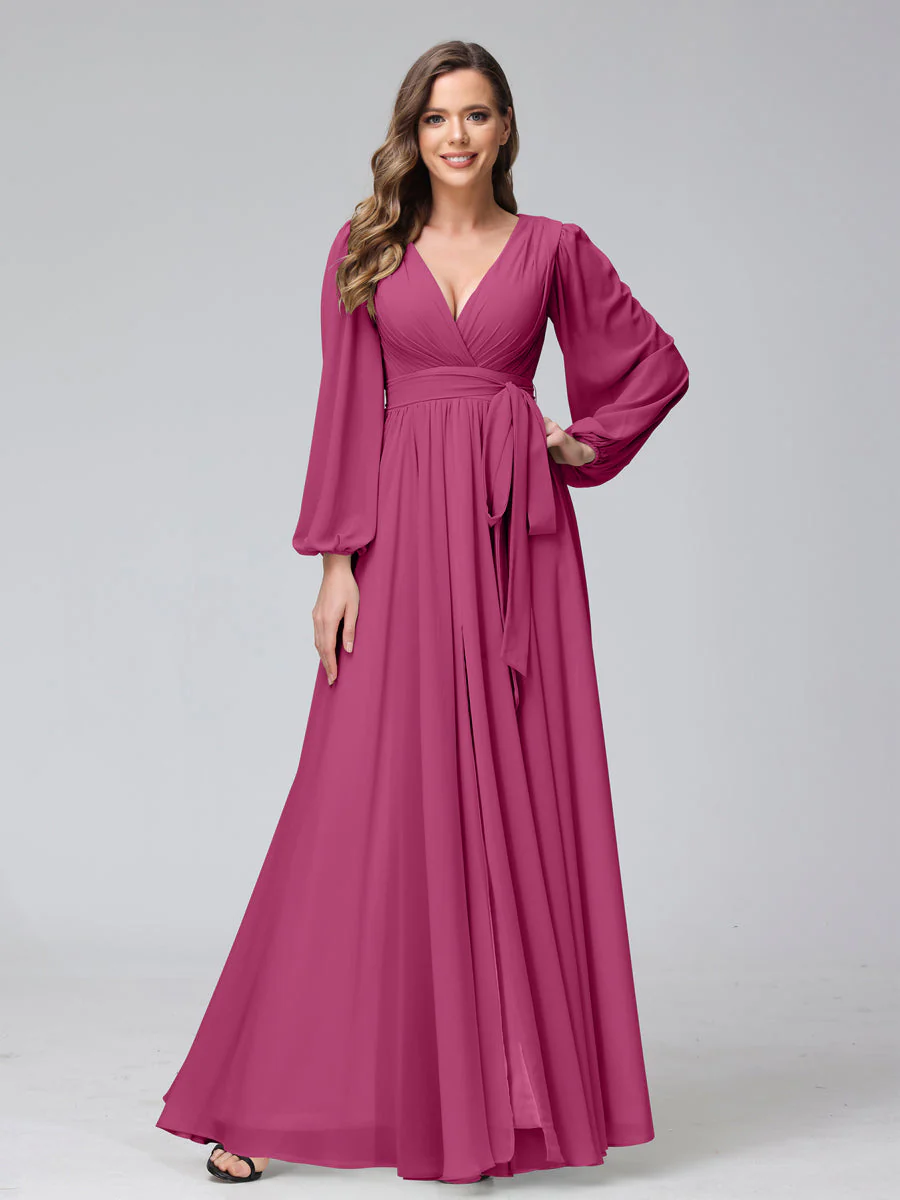 A-Line/Princess V-Neck Long Sleeves Chiffon Long Bridesmaid Dresses With Ruffles Split Side - Image 35