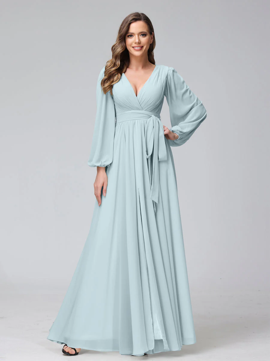 A-Line/Princess V-Neck Long Sleeves Chiffon Long Bridesmaid Dresses With Ruffles Split Side - Image 47
