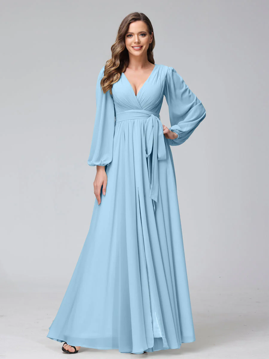 A-Line/Princess V-Neck Long Sleeves Chiffon Long Bridesmaid Dresses With Ruffles Split Side - Image 50