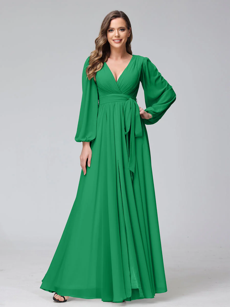 A-Line/Princess V-Neck Long Sleeves Chiffon Long Bridesmaid Dresses With Ruffles Split Side - Image 64