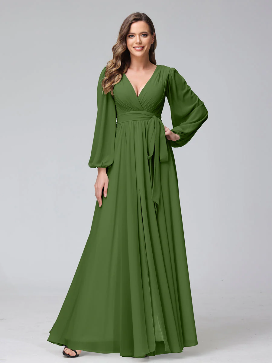 A-Line/Princess V-Neck Long Sleeves Chiffon Long Bridesmaid Dresses With Ruffles Split Side - Image 65