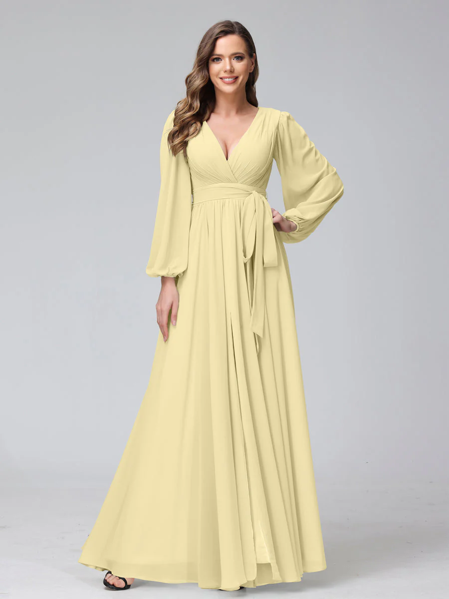 A-Line/Princess V-Neck Long Sleeves Chiffon Long Bridesmaid Dresses With Ruffles Split Side - Image 68