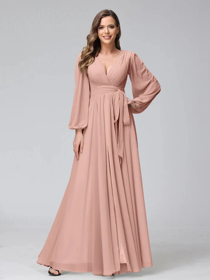 A-Line/Princess V-Neck Long Sleeves Chiffon Long Bridesmaid Dresses With Ruffles Split Side - Image 7