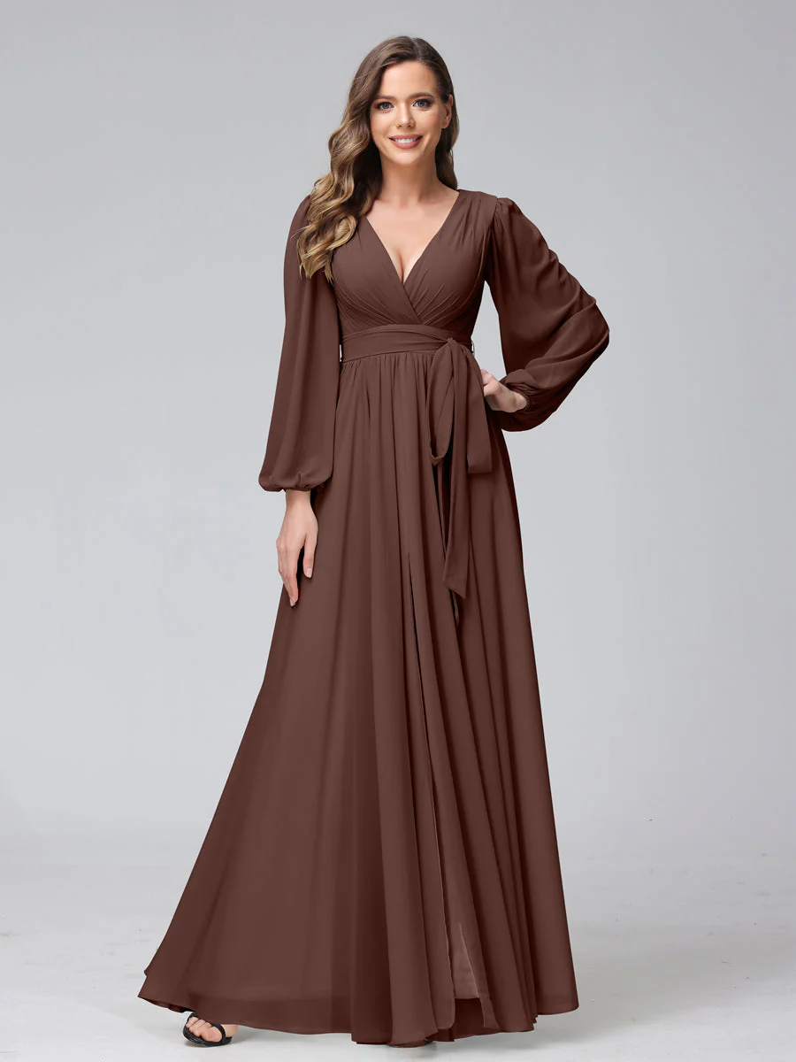 A-Line/Princess V-Neck Long Sleeves Chiffon Long Bridesmaid Dresses With Ruffles Split Side - Image 76