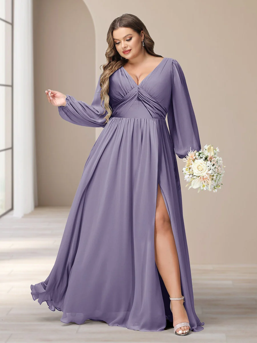 A-Line/Princess V-Neck Long Sleeves Chiffon Long Plus Size Bridesmaid Dresses With Split Side - Image 33