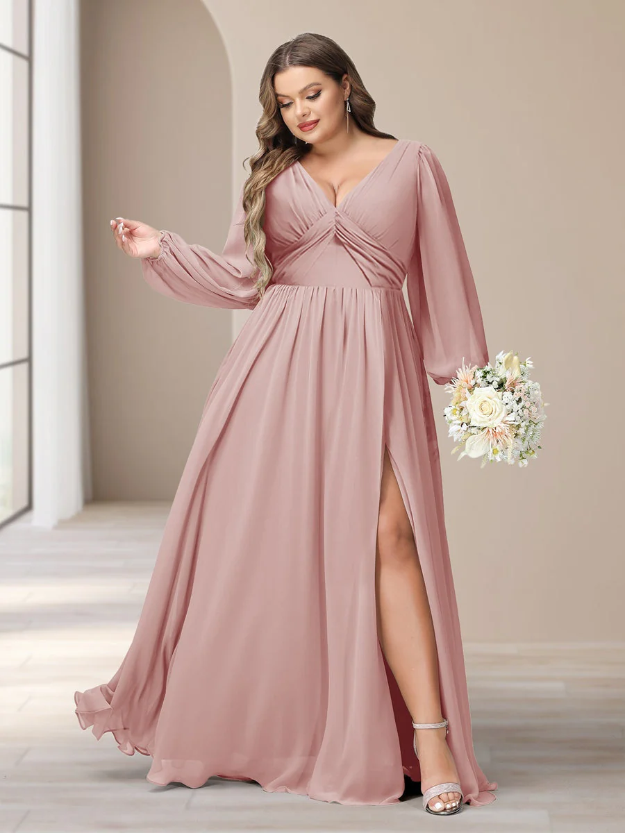 A-Line/Princess V-Neck Long Sleeves Chiffon Long Plus Size Bridesmaid Dresses With Split Side - Image 4
