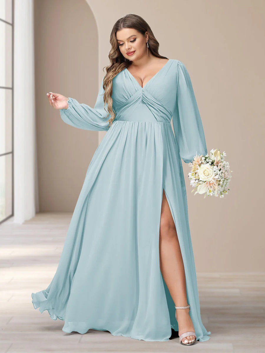 A-Line/Princess V-Neck Long Sleeves Chiffon Long Plus Size Bridesmaid Dresses With Split Side - Image 41