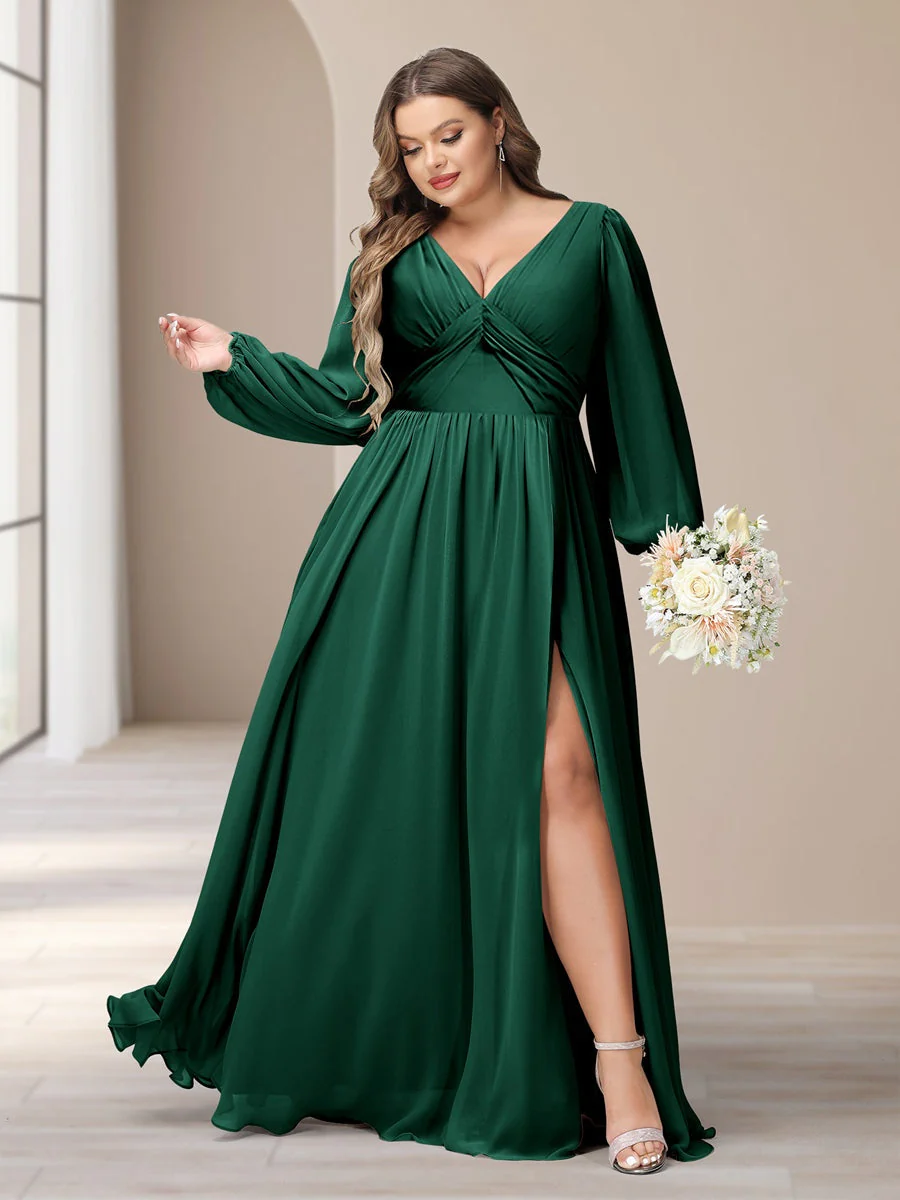 A-Line/Princess V-Neck Long Sleeves Chiffon Long Plus Size Bridesmaid Dresses With Split Side - Image 6