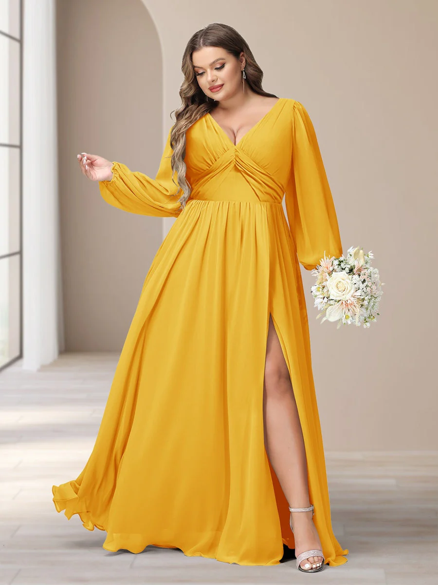 A-Line/Princess V-Neck Long Sleeves Chiffon Long Plus Size Bridesmaid Dresses With Split Side - Image 65