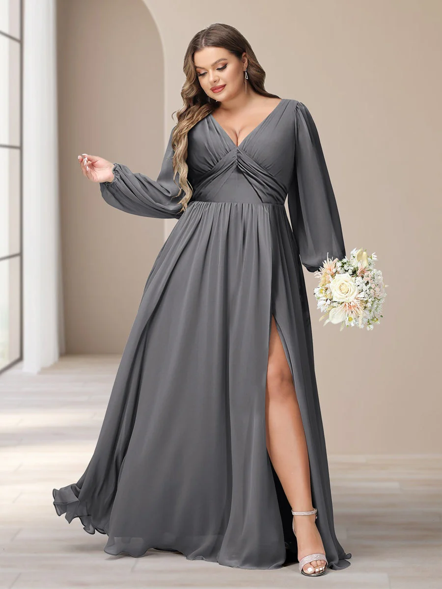 A-Line/Princess V-Neck Long Sleeves Chiffon Long Plus Size Bridesmaid Dresses With Split Side - Image 68