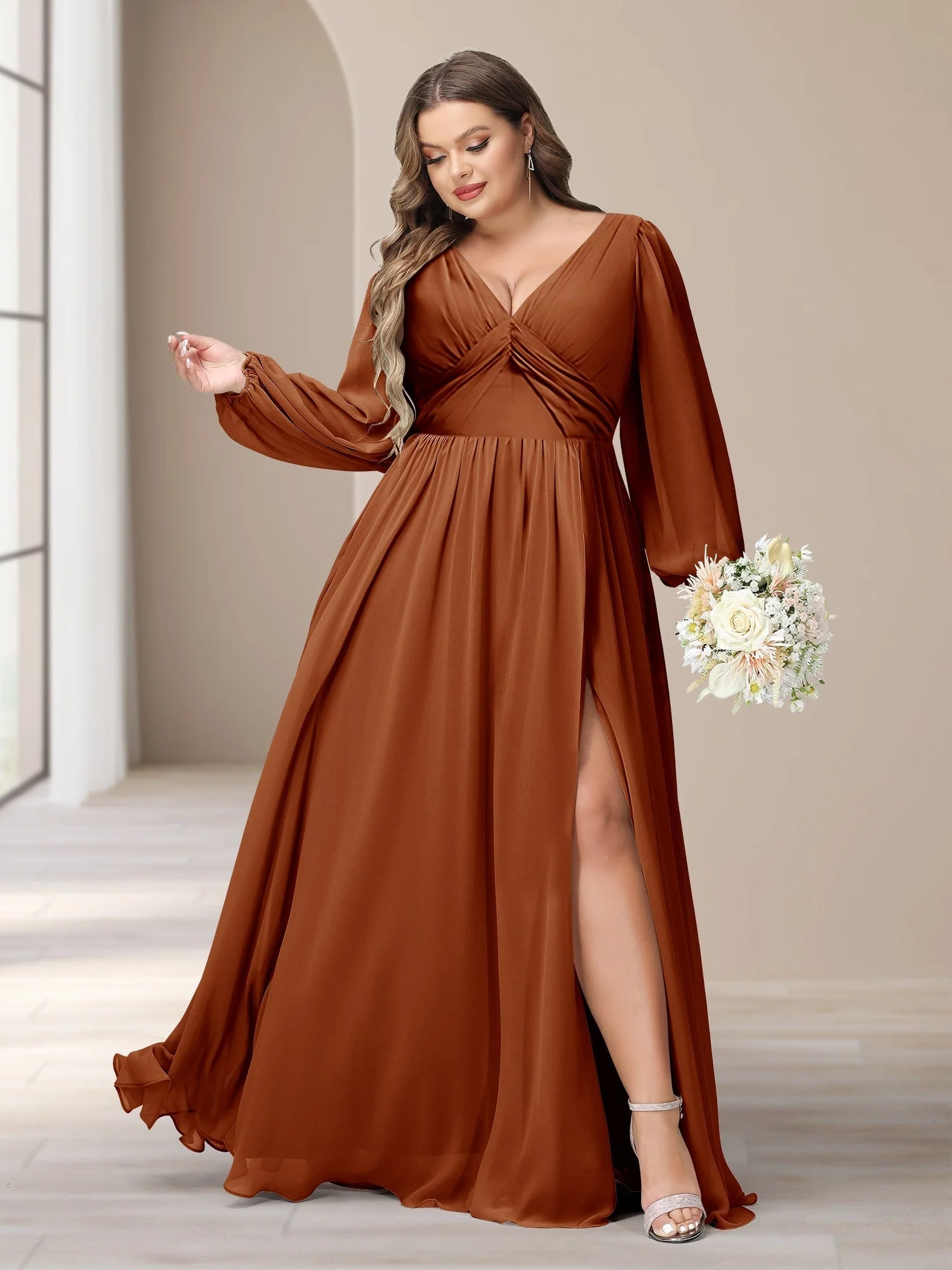 A-Line/Princess V-Neck Long Sleeves Chiffon Long Plus Size Bridesmaid Dresses With Split Side - Image 71
