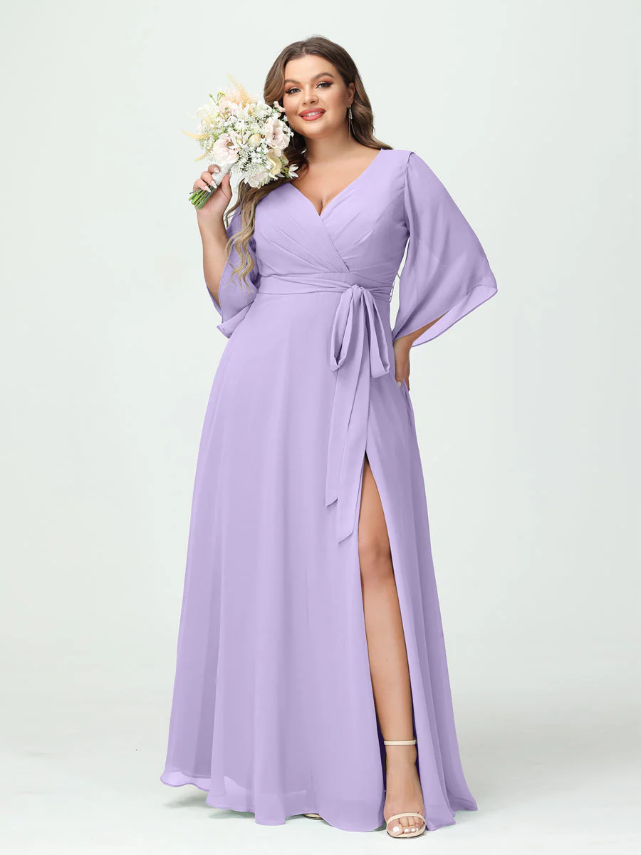 A-Line/Princess V-Neck Long Sleeves Chiffon Plus Size Bridesmaid Dresses With Pockets Belt & Split Side - Image 15
