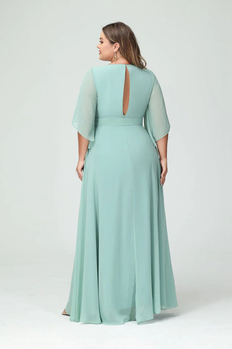 A-Line/Princess V-Neck Long Sleeves Chiffon Plus Size Bridesmaid Dresses With Pockets Belt & Split Side - Image 3