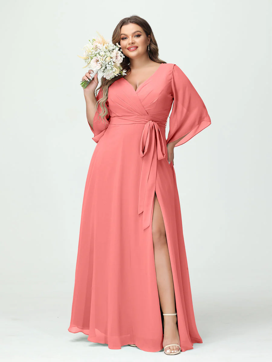 A-Line/Princess V-Neck Long Sleeves Chiffon Plus Size Bridesmaid Dresses With Pockets Belt & Split Side - Image 33