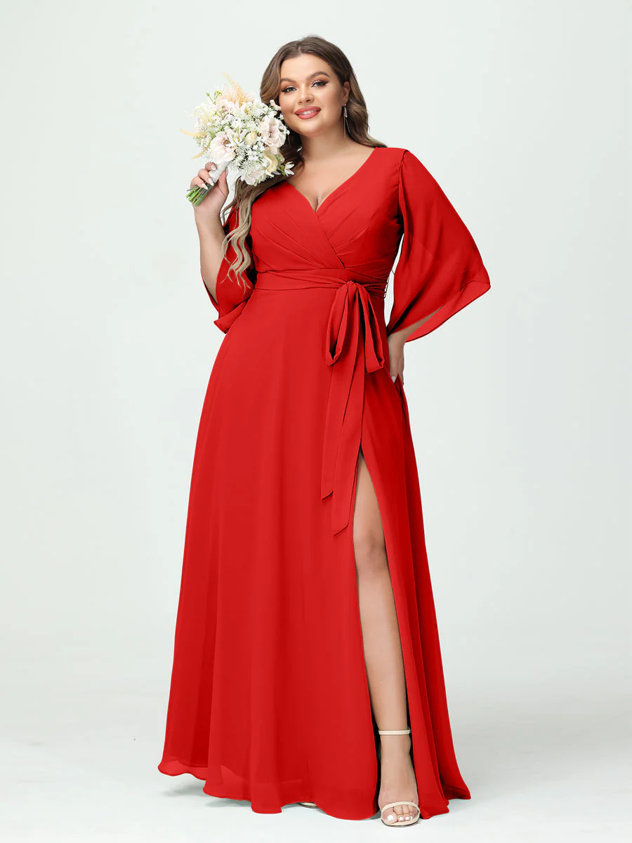 A-Line/Princess V-Neck Long Sleeves Chiffon Plus Size Bridesmaid Dresses With Pockets Belt & Split Side - Image 37