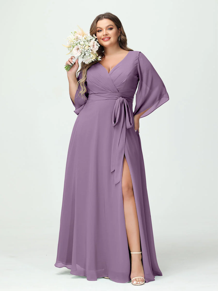 A-Line/Princess V-Neck Long Sleeves Chiffon Plus Size Bridesmaid Dresses With Pockets Belt & Split Side - Image 41