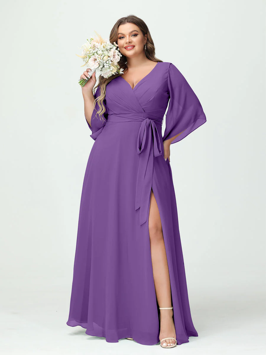 A-Line/Princess V-Neck Long Sleeves Chiffon Plus Size Bridesmaid Dresses With Pockets Belt & Split Side - Image 43