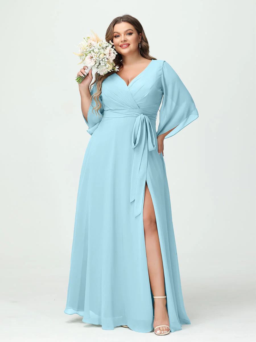 A-Line/Princess V-Neck Long Sleeves Chiffon Plus Size Bridesmaid Dresses With Pockets Belt & Split Side - Image 50