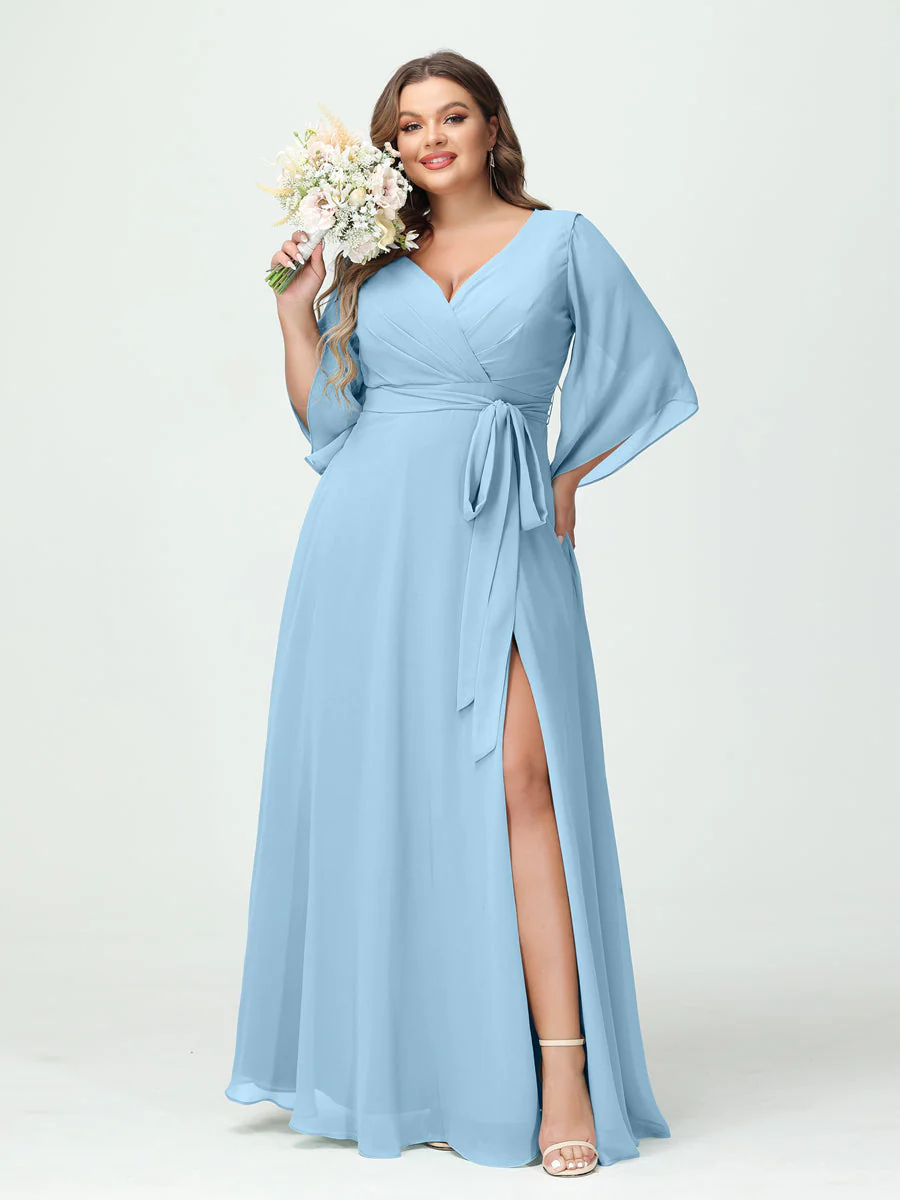 A-Line/Princess V-Neck Long Sleeves Chiffon Plus Size Bridesmaid Dresses With Pockets Belt & Split Side - Image 51