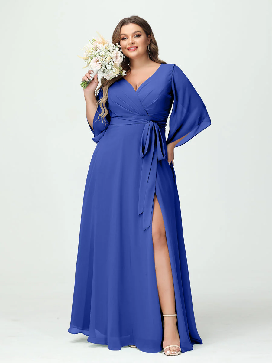 A-Line/Princess V-Neck Long Sleeves Chiffon Plus Size Bridesmaid Dresses With Pockets Belt & Split Side - Image 55
