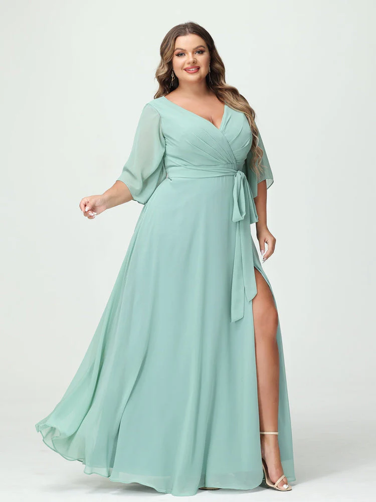 A-Line/Princess V-Neck Long Sleeves Chiffon Plus Size Bridesmaid Dresses With Pockets Belt & Split Side - Image 6