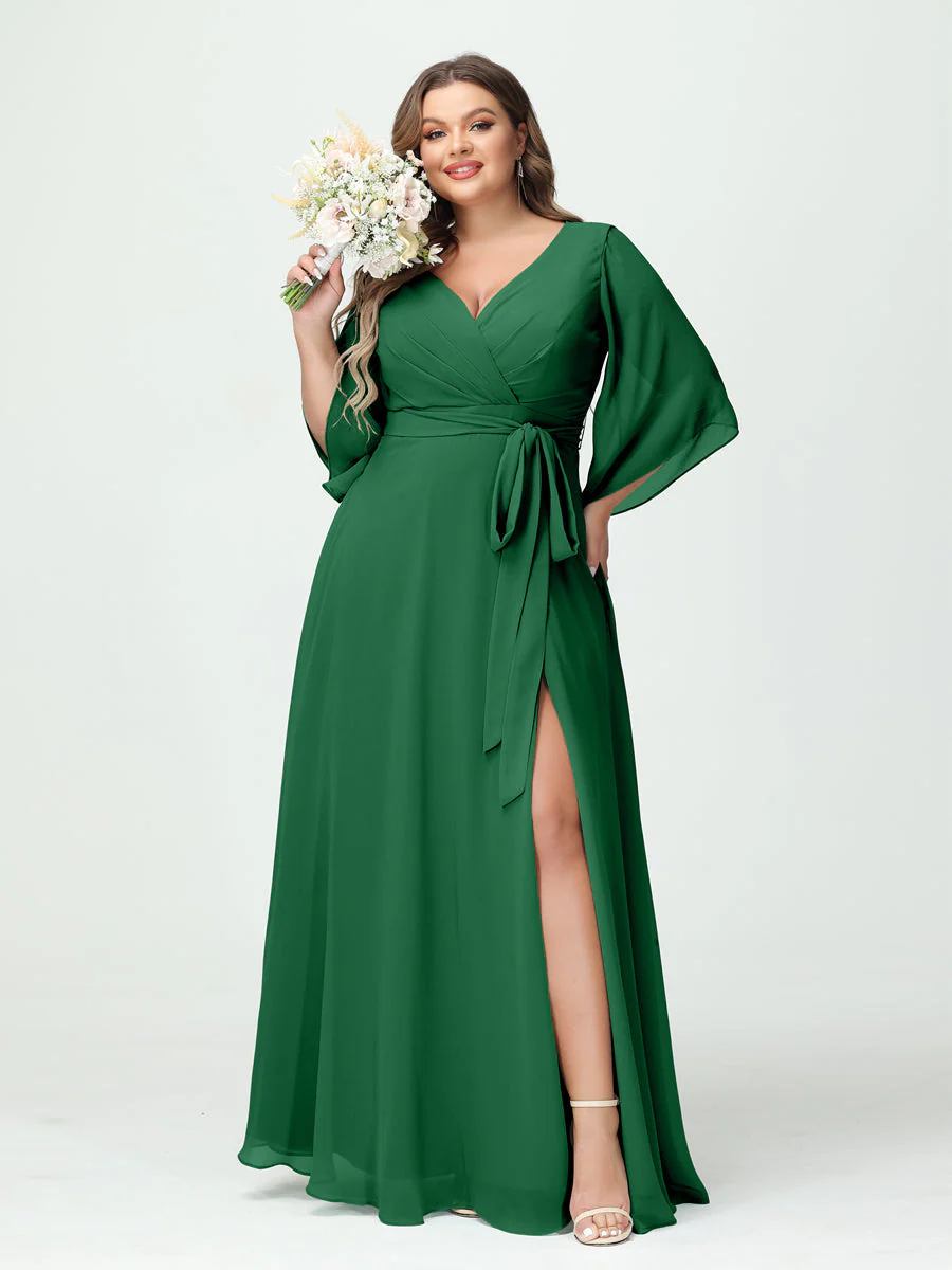 A-Line/Princess V-Neck Long Sleeves Chiffon Plus Size Bridesmaid Dresses With Pockets Belt & Split Side - Image 68