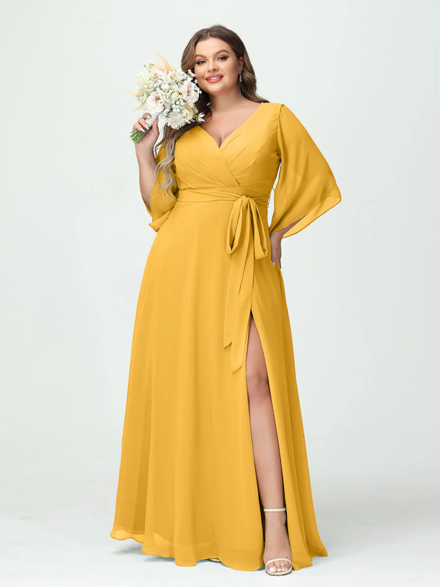 A-Line/Princess V-Neck Long Sleeves Chiffon Plus Size Bridesmaid Dresses With Pockets Belt & Split Side - Image 71