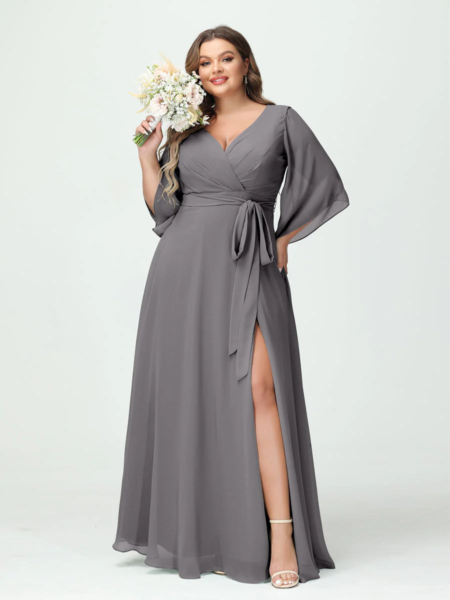A-Line/Princess V-Neck Long Sleeves Chiffon Plus Size Bridesmaid Dresses With Pockets Belt & Split Side - Image 75