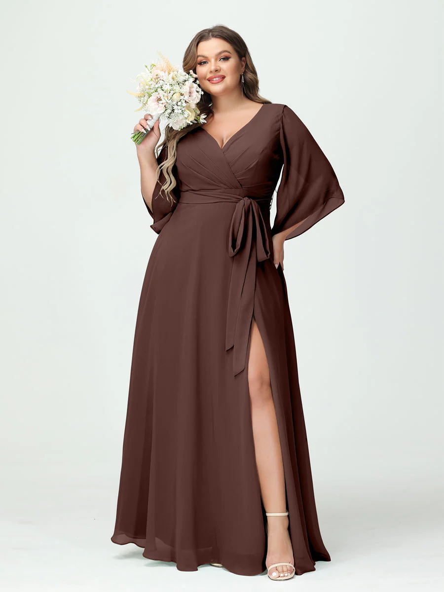 A-Line/Princess V-Neck Long Sleeves Chiffon Plus Size Bridesmaid Dresses With Pockets Belt & Split Side - Image 77