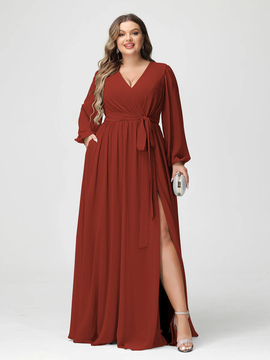A-Line/Princess V-Neck Long Sleeves Chiffon Plus Size Bridesmaid Dresses with Pockets - Image 14