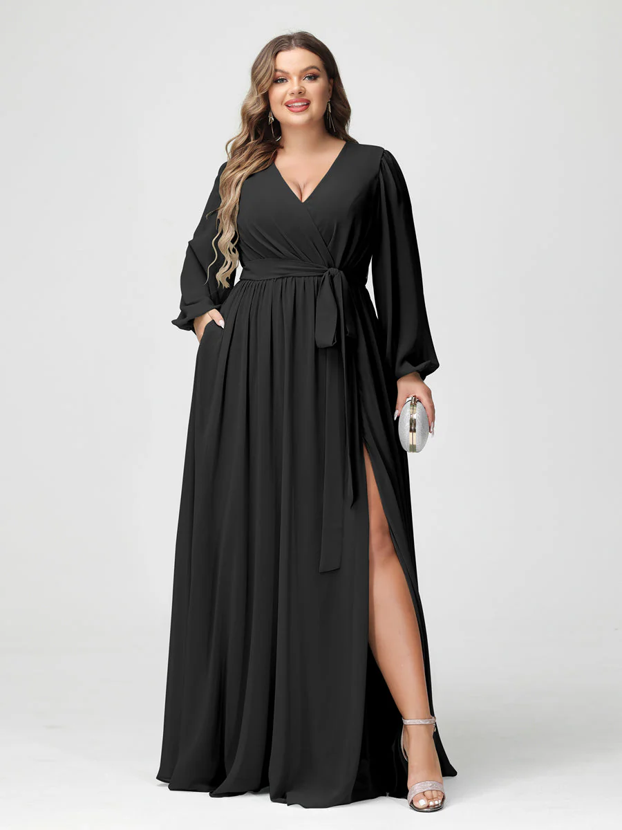 A-Line/Princess V-Neck Long Sleeves Chiffon Plus Size Bridesmaid Dresses with Pockets - Image 19