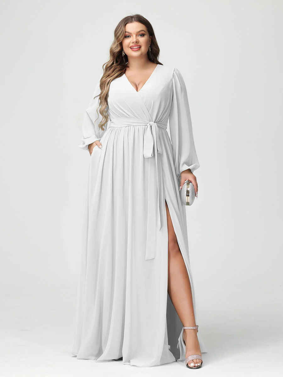 A-Line/Princess V-Neck Long Sleeves Chiffon Plus Size Bridesmaid Dresses with Pockets - Image 21