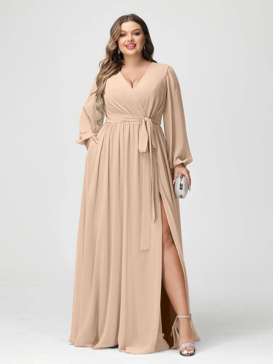 A-Line/Princess V-Neck Long Sleeves Chiffon Plus Size Bridesmaid Dresses with Pockets - Image 30