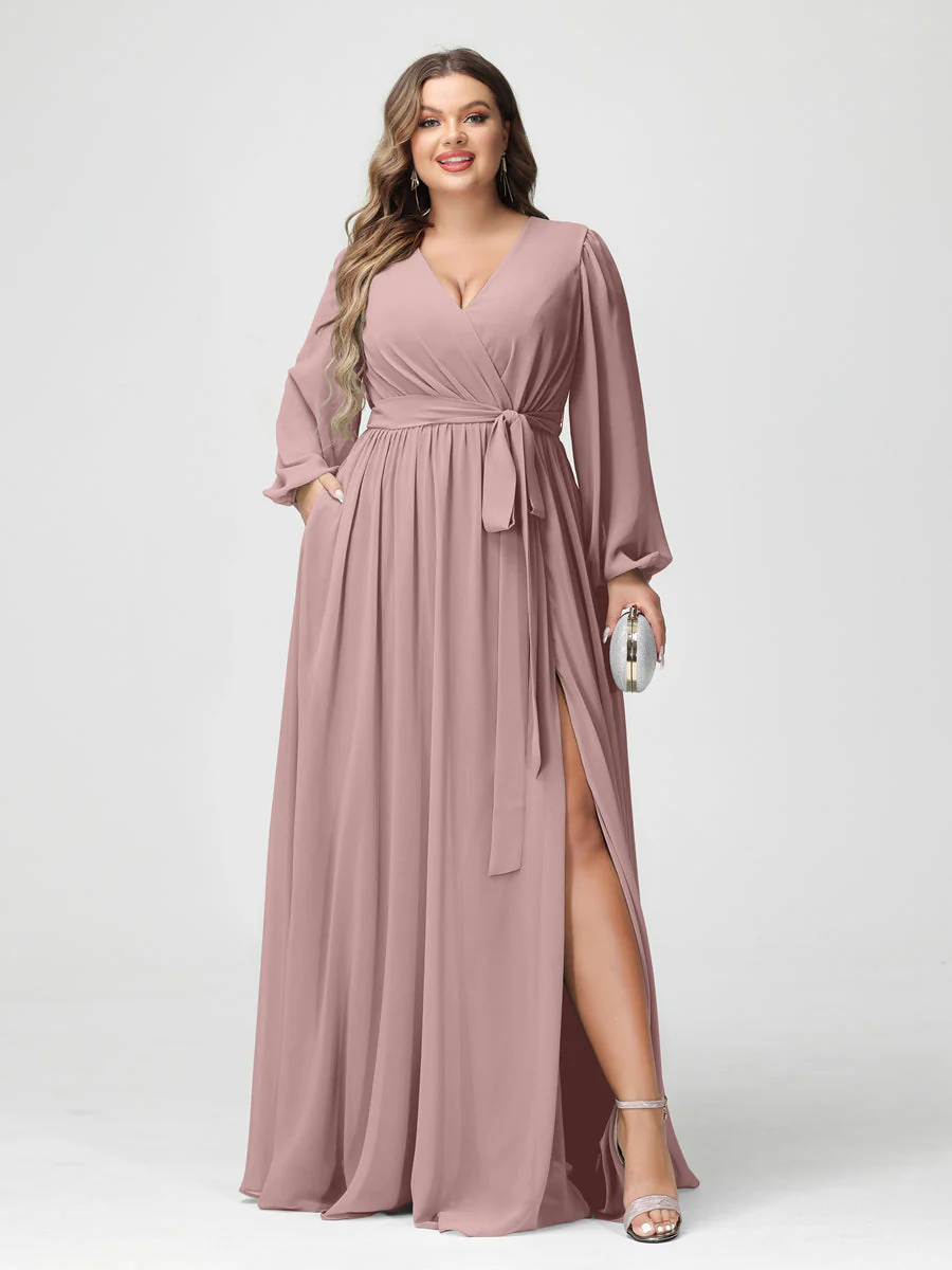 A-Line/Princess V-Neck Long Sleeves Chiffon Plus Size Bridesmaid Dresses with Pockets - Image 31
