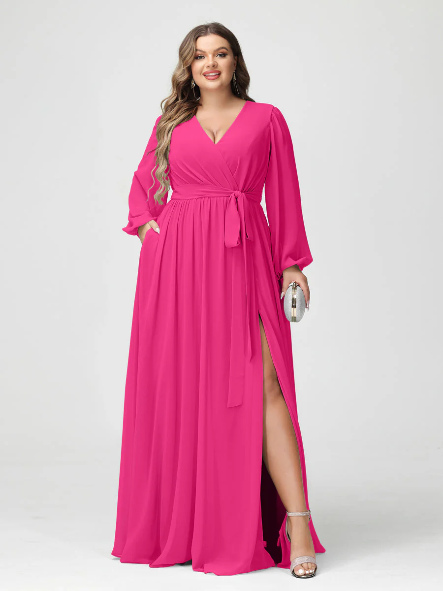 A-Line/Princess V-Neck Long Sleeves Chiffon Plus Size Bridesmaid Dresses with Pockets - Image 34