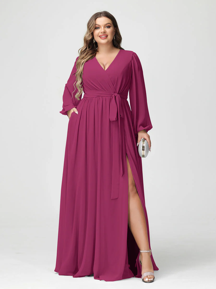 A-Line/Princess V-Neck Long Sleeves Chiffon Plus Size Bridesmaid Dresses with Pockets - Image 36