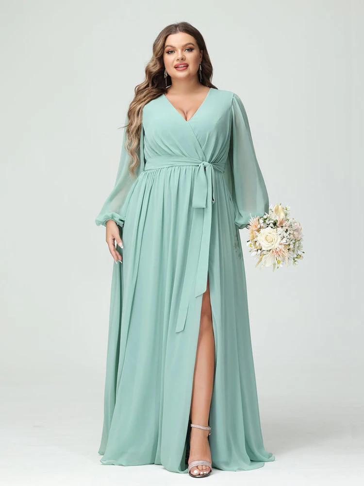 A-Line/Princess V-Neck Long Sleeves Chiffon Plus Size Bridesmaid Dresses with Pockets - Image 4