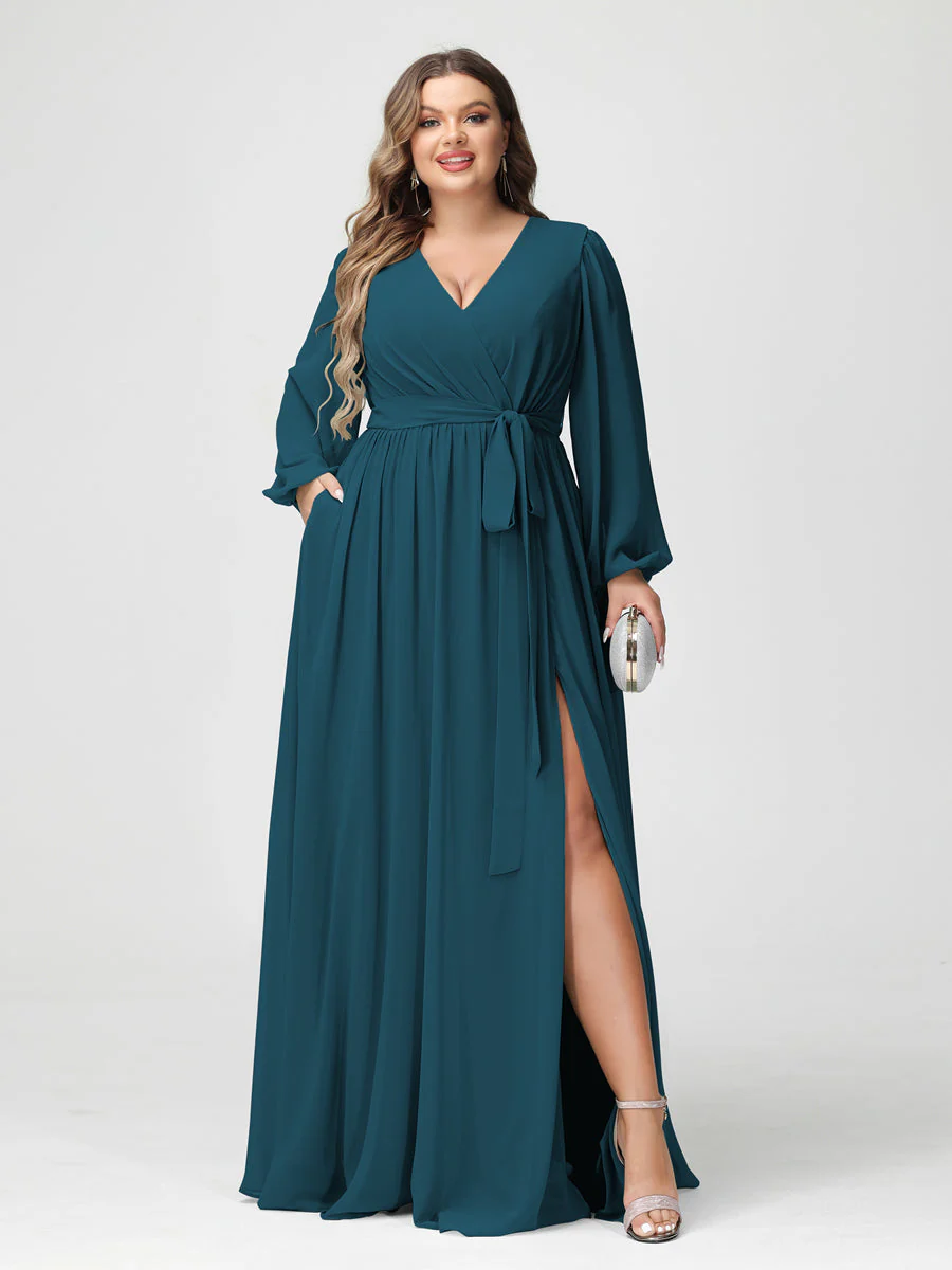 A-Line/Princess V-Neck Long Sleeves Chiffon Plus Size Bridesmaid Dresses with Pockets - Image 59