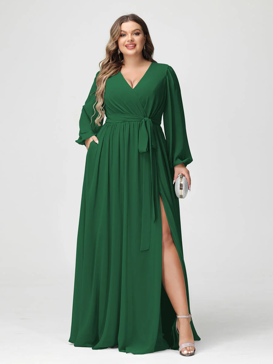 A-Line/Princess V-Neck Long Sleeves Chiffon Plus Size Bridesmaid Dresses with Pockets - Image 68