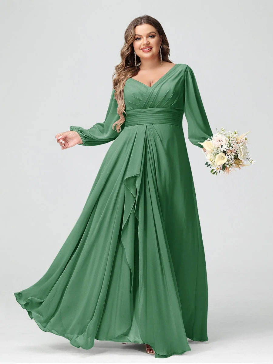 A-Line/Princess V-Neck Long Sleeeves Chiffon Ruffles Plus Size Bridesmaid Dresses with Pockets - Image 12