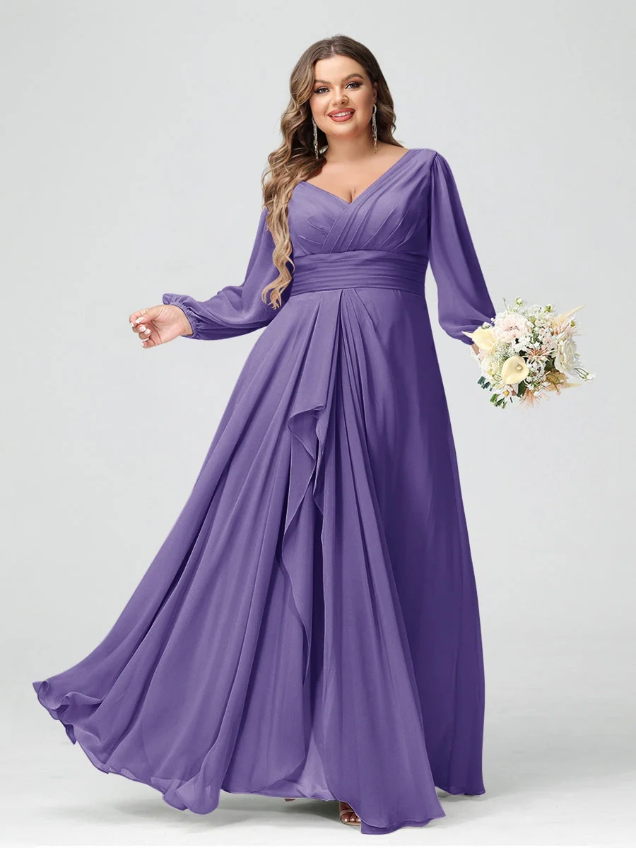 A-Line/Princess V-Neck Long Sleeeves Chiffon Ruffles Plus Size Bridesmaid Dresses with Pockets - Image 36