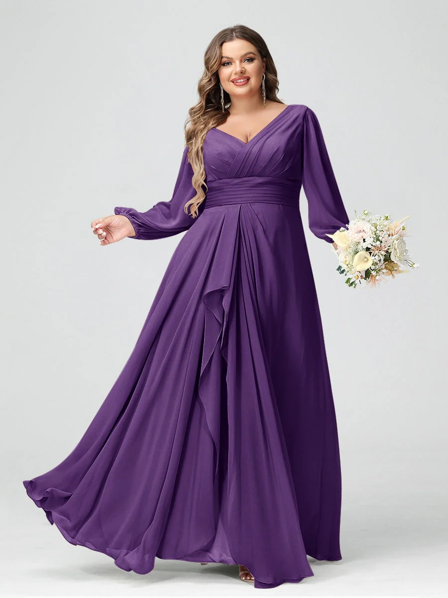 A-Line/Princess V-Neck Long Sleeeves Chiffon Ruffles Plus Size Bridesmaid Dresses with Pockets - Image 37