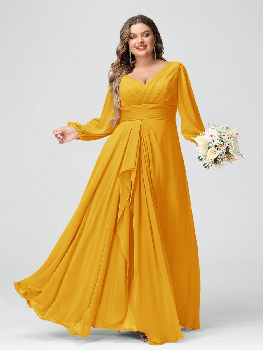 A-Line/Princess V-Neck Long Sleeeves Chiffon Ruffles Plus Size Bridesmaid Dresses with Pockets - Image 66