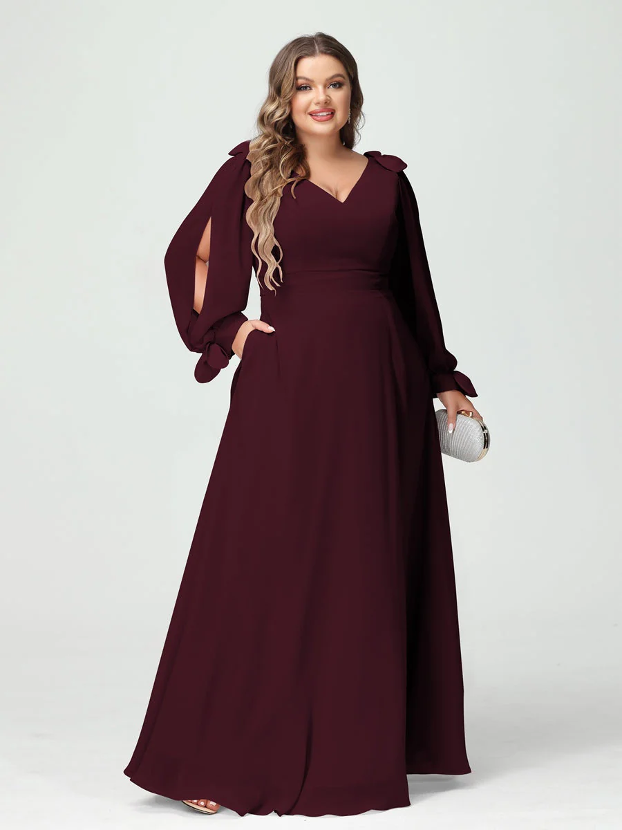 A-Line/Princess V-Neck Long Sleeves Chiffon Split Side Plus Size Bridesmaid Dresses with Pockets - Image 11