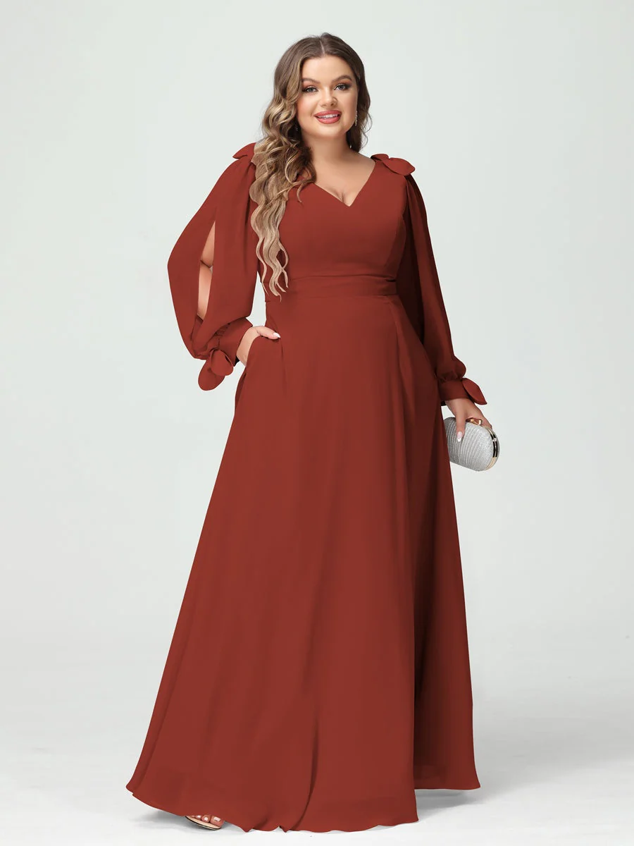 A-Line/Princess V-Neck Long Sleeves Chiffon Split Side Plus Size Bridesmaid Dresses with Pockets - Image 12