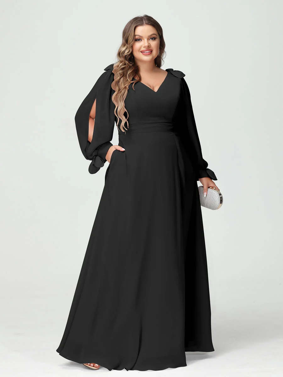 A-Line/Princess V-Neck Long Sleeves Chiffon Split Side Plus Size Bridesmaid Dresses with Pockets - Image 17